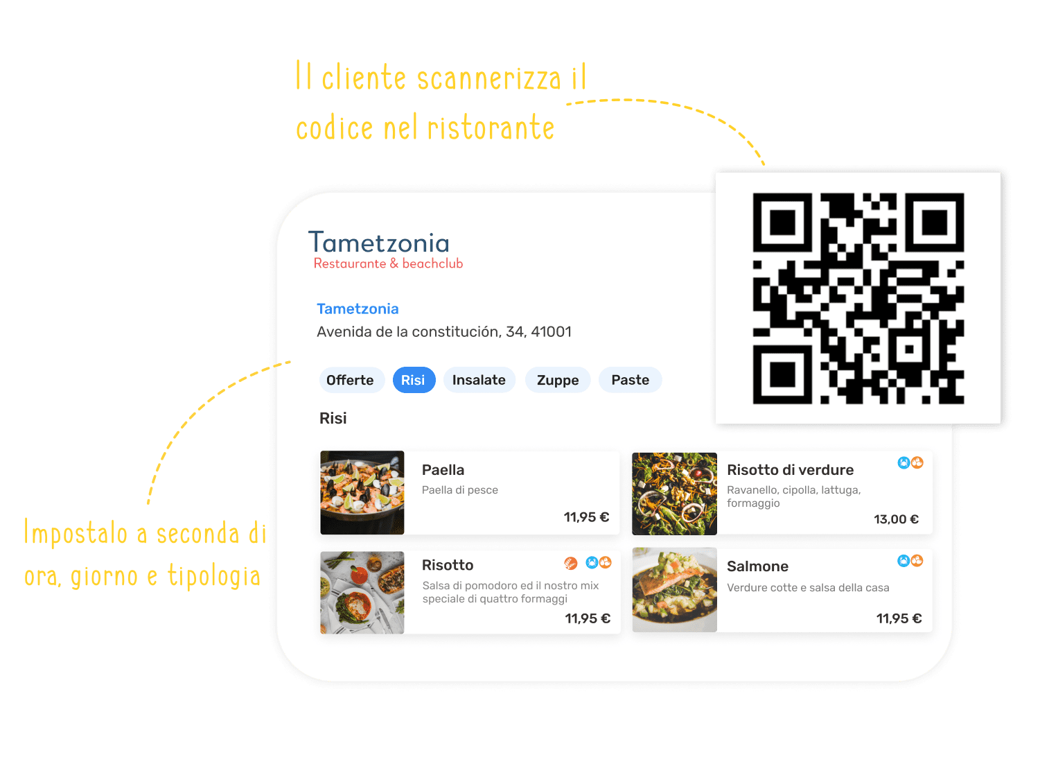 Ejemplo de carta digital del restaurante Tametzonia, la cual puedes configurar según hora, día y tipología. Muestra también un código QR, ya que el cliente podrá acceder a esta carta escaneando un código en el restaurante.